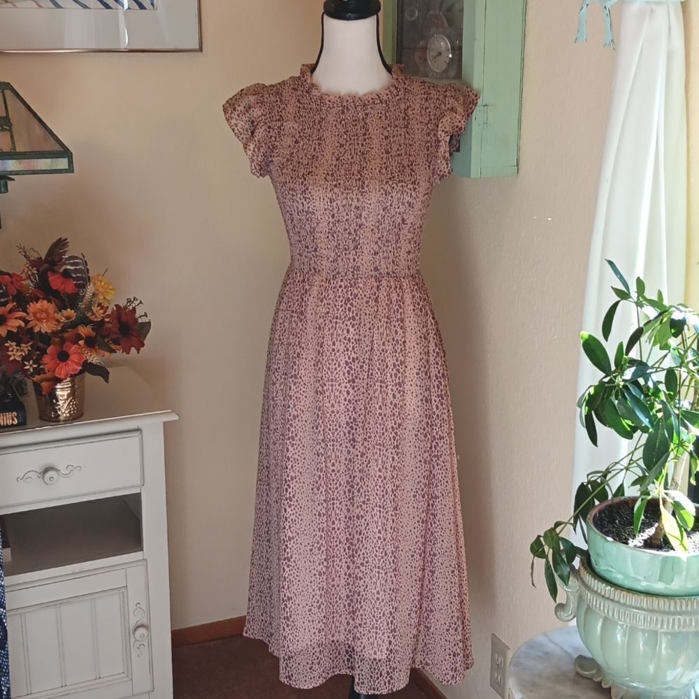 Sweet Rain Ruched Bodice Midi Dress. Cottagecore,Animal Print,Ethereal,Fairycore